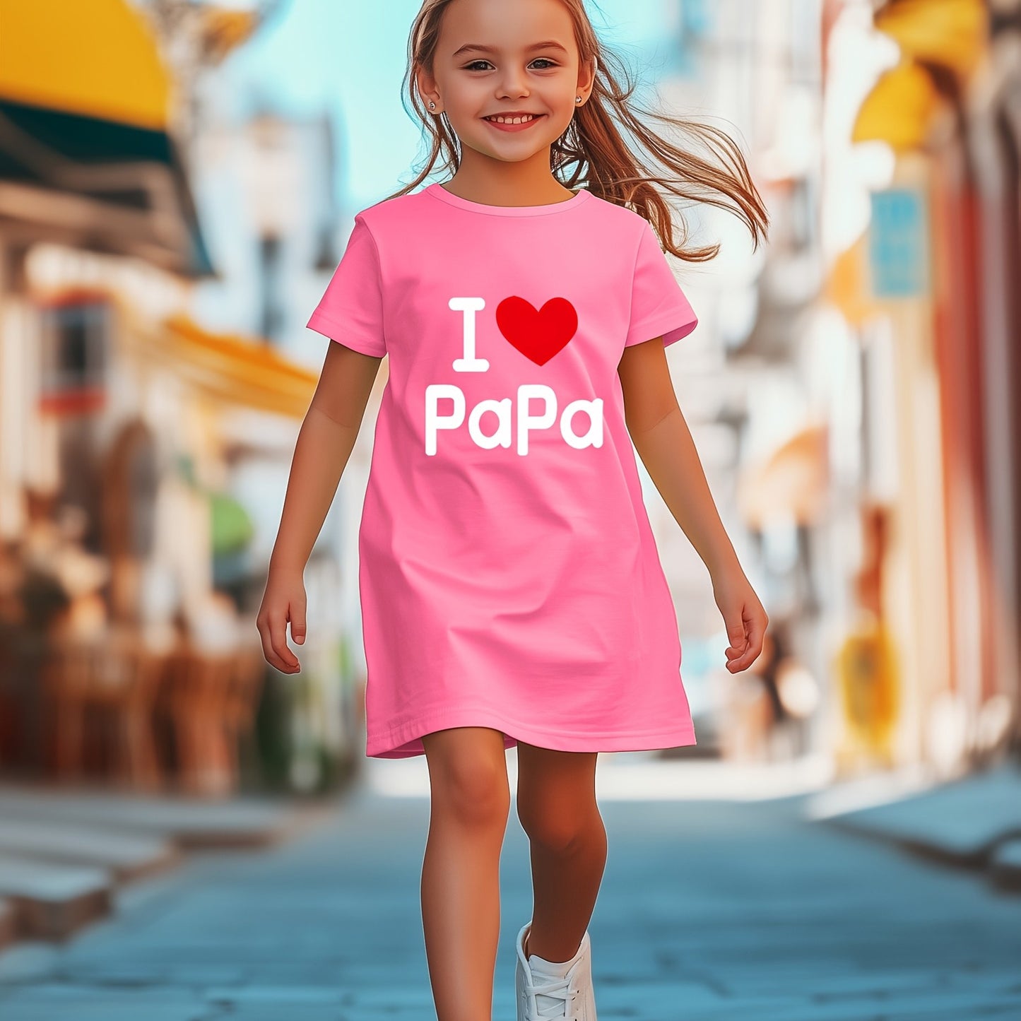 Youngsters' 'I Love Papa' Graphic Dress | Lavender Polyester-Spandex Blend | Breathable & Stretchy Short Sleeve Round Neck | Machine Washable | Casual Summer Outfit for Girls