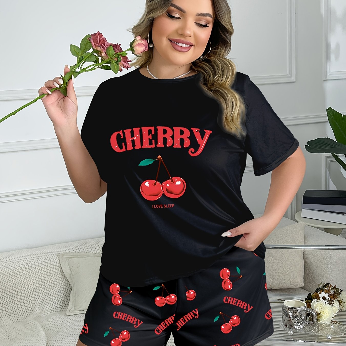 Women'S Plus Size Cherry Print Pajama Set - Soft Short Sleeve Top & Shorts, Loose Fit, Comfortable Fit for Spring/Summer, Plus Size Pajama