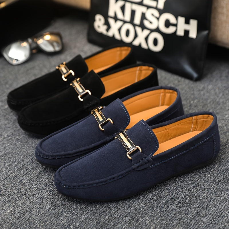 Men'S Slip-On Loafers - Black Faux Casual Shoes with Golden-Tone Buckle Straps, Round Toe & Non-Slip Rubber Sole for All-Season Comfort, Party & Casual Attire, Party Footwear, Sleek Shoe Design, Durable Footwear