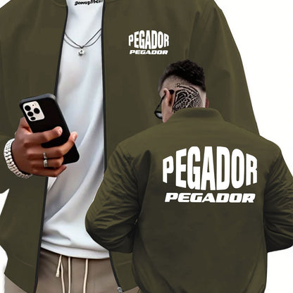 Men's Heavy-Duty Full-Zip Jacket with PEGADOR Back Print - Olive Green Full-Zip Training Coat, Full-Length Zipper Closure, Machine Washable Winter Jacket for Gym, Outdoor & Casual Wear - Athletic Windbreaker for Men, Geometri