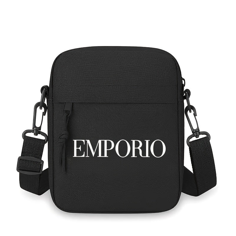 Men'S Crossbody Bag with "EMPORIO" Letter Print - Minimalist Oxford Fabric Tote, Adjustable Strap, Zipper Closure - Essential for Travel, Work, and Casual Outfits - Black, Stylish Design