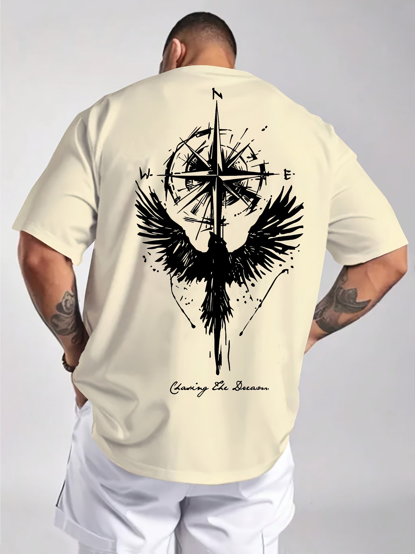 Men'S Summer Short Sleeve T-Shirt with Bold Eagle & Compass Print - Light Blue Casual Round Neck Tee, Comfortable Stretch Fabric for Casual Attire, Everyday Tshirt | Bold Graphic Tee | Comfortable Fit