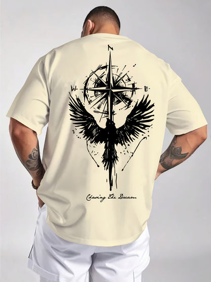Men'S Summer Short Sleeve T-Shirt with Bold Eagle & Compass Print - Light Blue Casual Round Neck Tee, Comfortable Stretch Fabric for Casual Attire, Everyday Tshirt | Bold Graphic Tee | Comfortable Fit