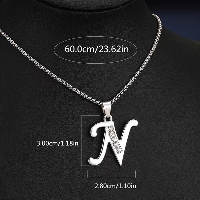 Stainless Steel Hip Hop Initial Necklace, Glass Embedded Alphabet Pendant, Daily Occasion Jewelry, Ideal Graduation Gift, All-Season Accessory, Perfect for Halloween, Daily Wear Jewelry|Hip Hop Style|Glass Embedded Lette