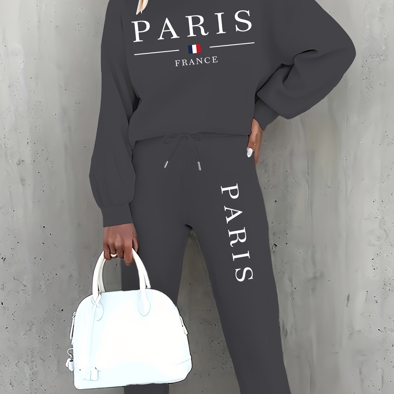 Targeted Autumn and Winter Fashion Print Two-Piece Set, Casual Long-Sleeve Fleece Pullover and Drawstring Jogger Pants Outfit for Women