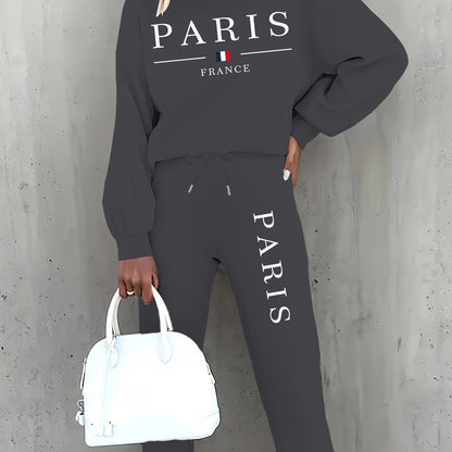 Targeted Autumn and Winter Fashion Print Two-Piece Set, Casual Long-Sleeve Fleece Pullover and Drawstring Jogger Pants Outfit for Women