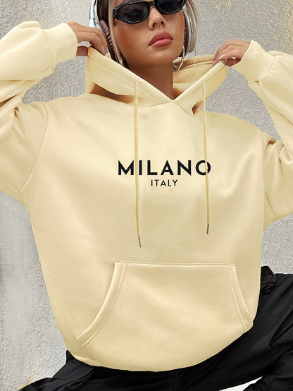 Milano Italy Polyester Hoodie for Women - 100% Knit Fabric, Alphabet Print, Casual Long Sleeve Sweatshirt with Pocket, Fashionable European Trip Inspired Hooded Sweatshirt, Spring/Summer/Fall Collection