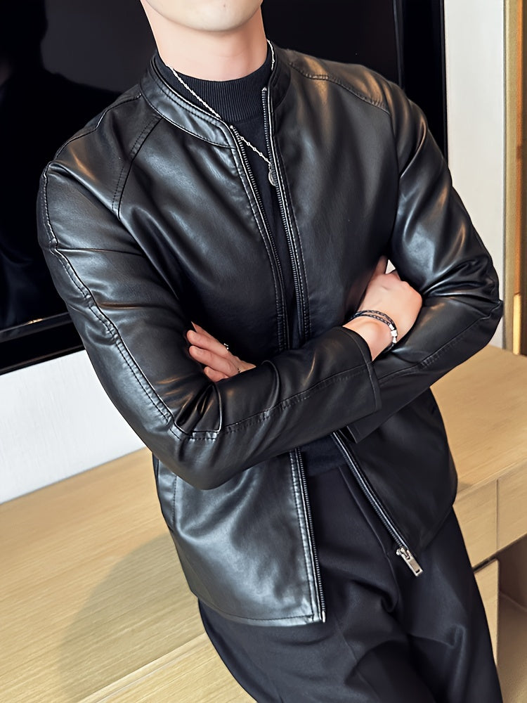 Men's Slim-Fit High Quality Windproof PU Leather Motorcycle Jacket - Vintage Bomber Style with Stand Collar, Ribbed Cuffs & Adjustable Drawstring, Softshell Casual Biker Outerwear, Casual Outerwear | Vintage Bomber Jacket | D