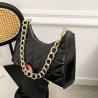 Women's Lightweight Shoulder Bag - Glossy Black Handbag with Golden Chain Strap, Zip Closure, Elegant Everyday & Formal Purse for Women, Parties, Travel, Office - Luxury Chain Strap & Zipper Closure, Party Accessory, Modern S