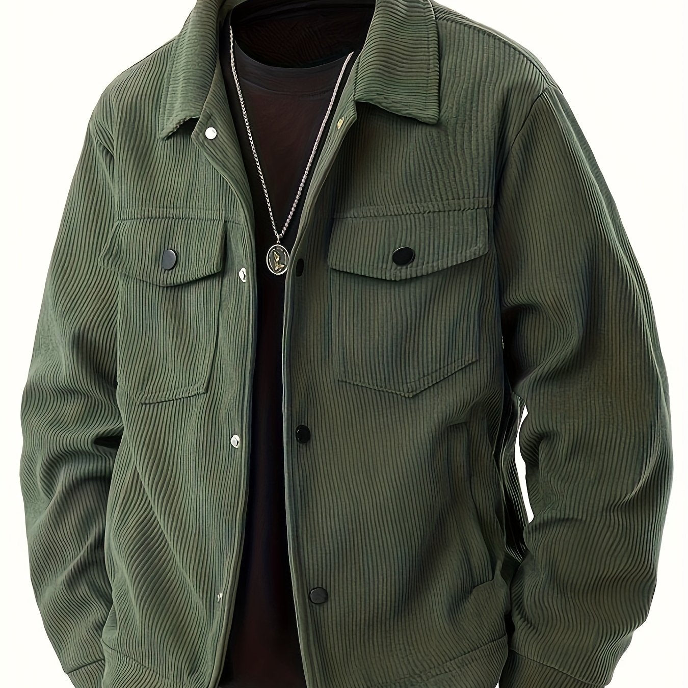 Men'S Plus Size Corduroy Bomber Jacket - Casual Workwear with Snap Buttons, Flap Pockets, and Polyester Lining - Machine Washable, Autumn & Spring Fashion, Casual Outerwear | Casual Jacket | Polyester Lining Jacket