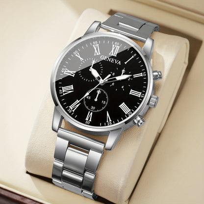3pcs Men'S Fashion Casual Roman Numeral Quartz Watch with Necklace and Bracelet Set, Suitable for Father'S Day, Teacher'S Day, Thanksgiving, Students, Graduation, Birthday, Best Gift
