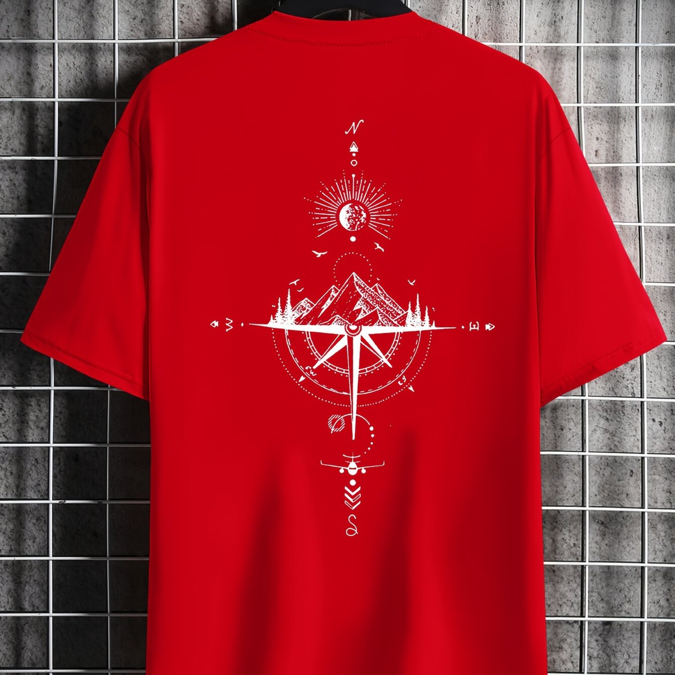 Men's Casual Compass Print T-Shirt - Breathable Polyester, Crew Neck, Short Sleeve - Perfect for Summer