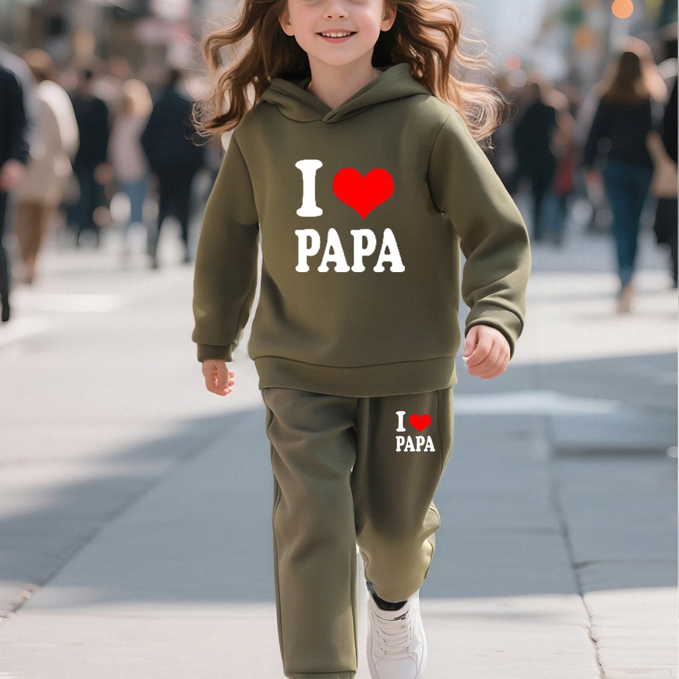 2pcs Back-to-School Season Fashionable Autumn/Winter Casual Sporty Style Girls' "I Love Dad" Cartoon Print Long Sleeve Fleece-Lined Hoodie + Sweatpants Set, Perfect for Outdoor