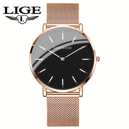 LIGE Women'S Ultra-Thin Quartz Watch with Rose Golden Mesh Strap - Elegant Blue Dial, Minimalist Design, Perfect Gift for Mother'S Day, Christmas, Thanksgiving, Christmas Accessory | Minimalist Watch | Quartz Movement