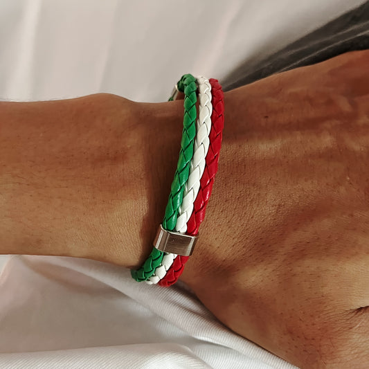 Handmade Braided Red, White, and Green Flag Faux Leather Bracelet - Fashionable Faux Leather Accessory with Metal Buckle, Ideal for National Holiday Celebrations, National Holiday Gift|Festive Accessory|Durable Faux Leather,