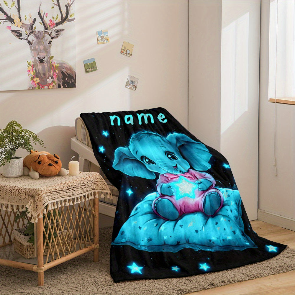 [Whimsical Charm] Personalized Name Starry Night Elephant Blanket – Soft Flannel, Lightweight & Warm – Cute Youngsters Elephant Design with Glowing Stars – Perfect for Sofa, Bed, Travel, Camping, and Gifting – 80.01x1