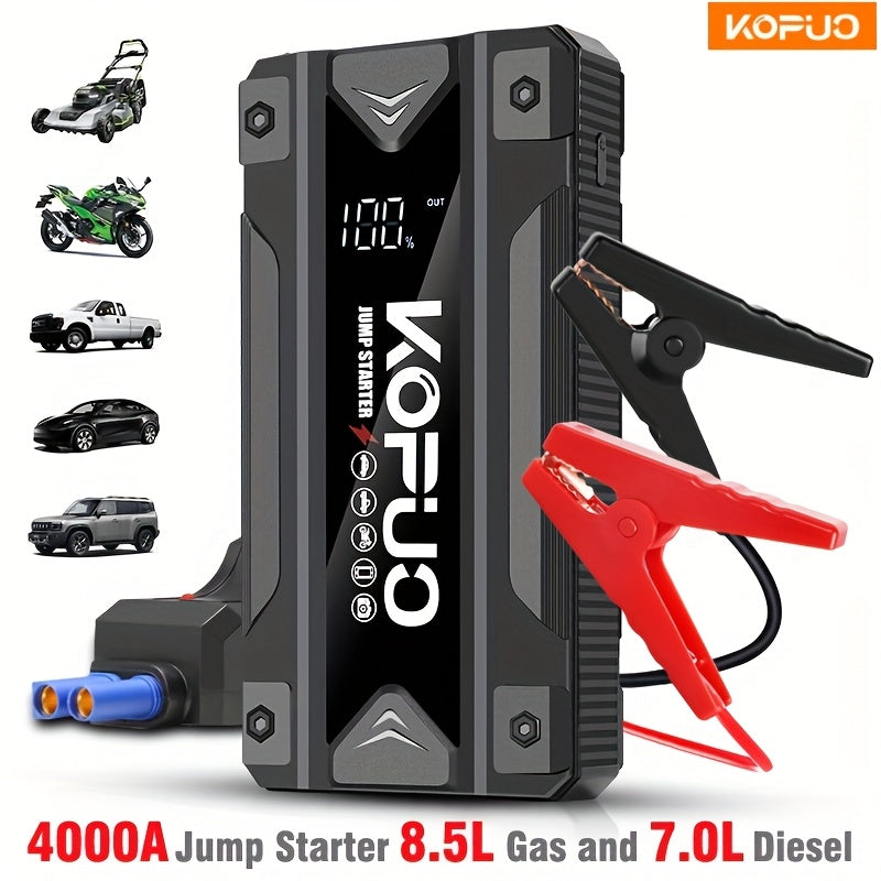 KOPUO 4000A Car Battery Jump Starter - Portable 12V Jump Box with USB/Power Bank, Dual Output, LED Light, and 8, 5L Gas/7, 0L Diesel Engine Compatibility for Cars, Trucks, SUVs, and Motorcycles, Car Jump Starter Battery Pack,