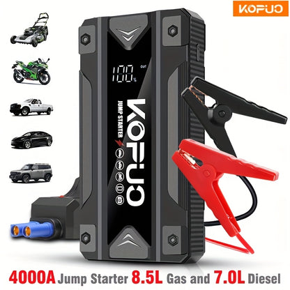 KOPUO 4000A Car Battery Jump Starter - Portable 12V Jump Box with USB/Power Bank, Dual Output, LED Light, and 8, 5L Gas/7, 0L Diesel Engine Compatibility for Cars, Trucks, SUVs, and Motorcycles, Car Jump Starter Battery Pack,