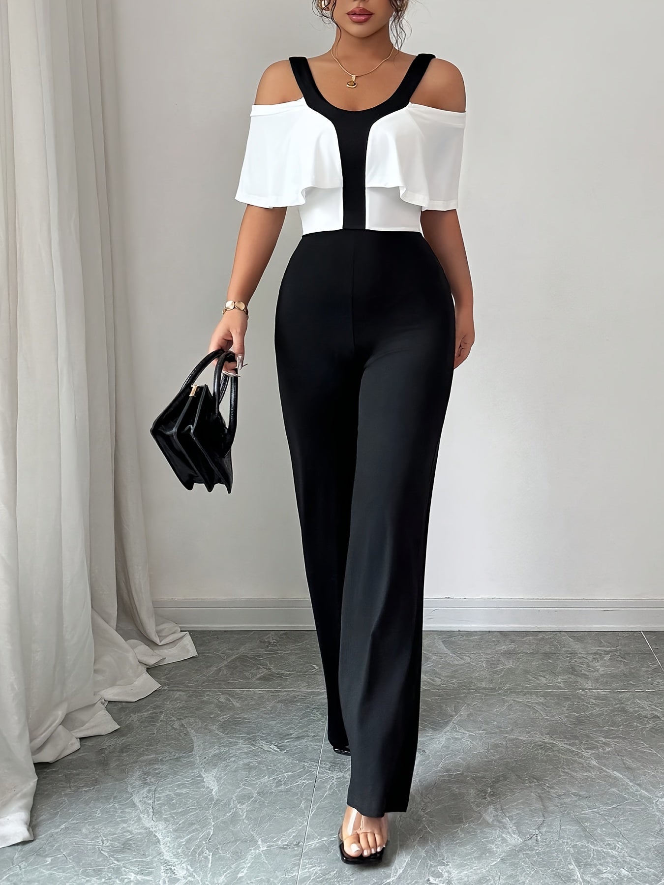 Oriented Women's Elegant Color Block Spliced Off-Shoulder Short Sleeve Wide Leg Straight-Leg Jumpsuit