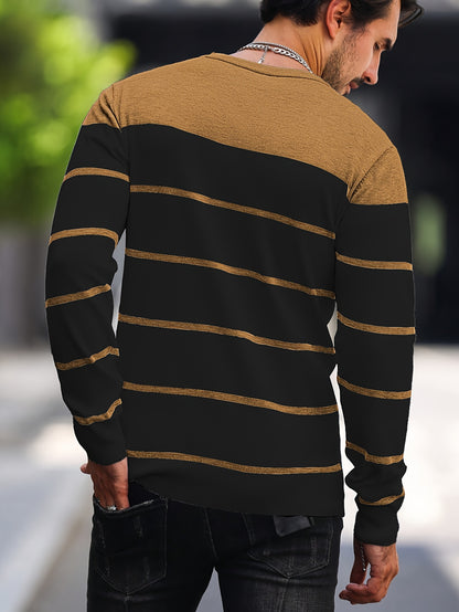 Men's Casual Striped Knit Pullover Sweater - Navy & White Contrast, Regular Fit H-Silhouette, Long Sleeve Crew Neck, Medium Stretch, Machine Washable for Spring & Fall, Mediumstretch Fabric