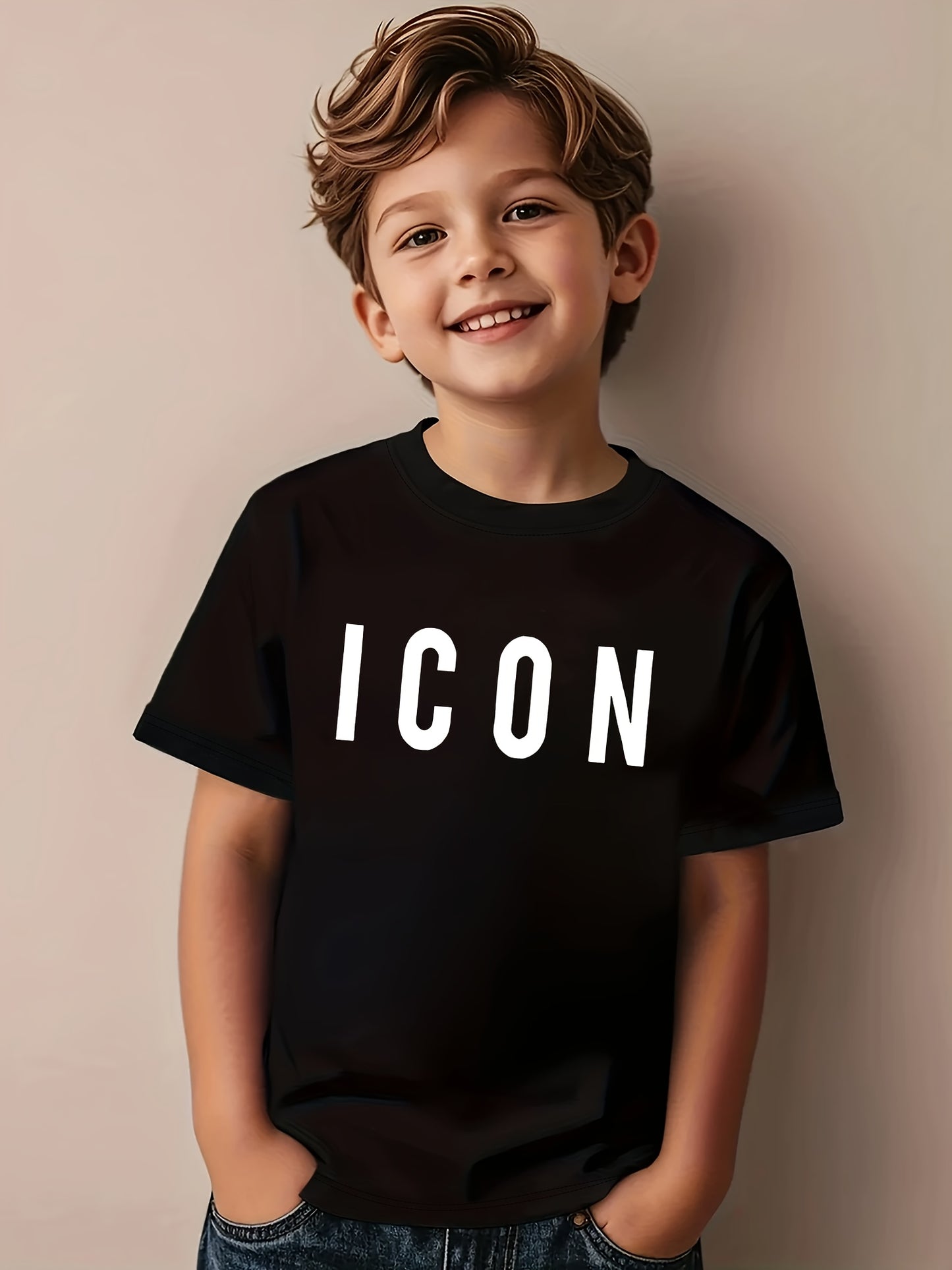 1pc Boys' Casual Summer T-Shirt with "ICON" Letter Print - Black, Short Sleeve, Round Neck, Stretchy Fabric, Perfect for Casual Attire, Everyday Tshirt | Bold Lettering Tee | Comfortable Fit