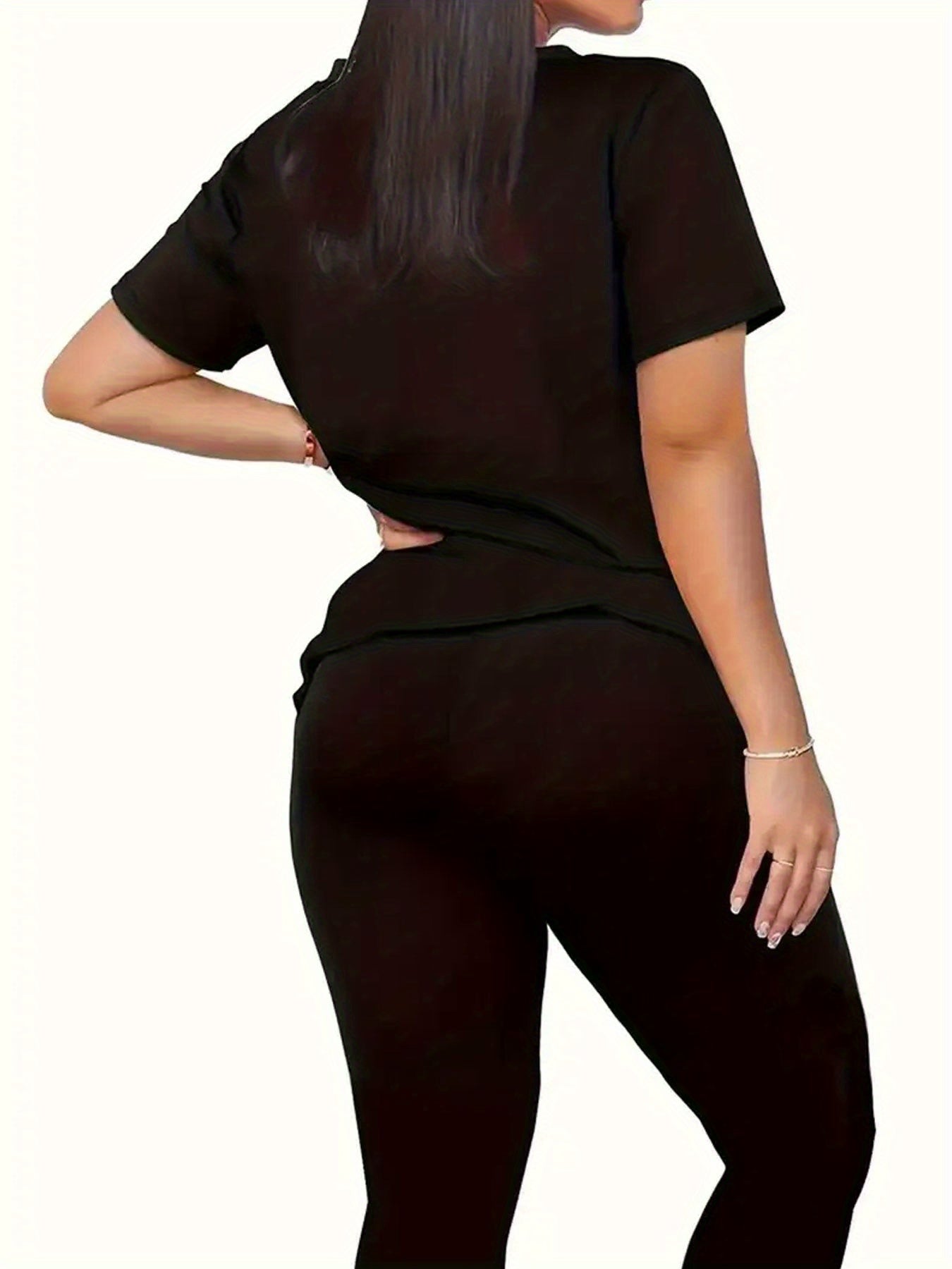 Women'S "Klein" Print Short Sleeve T-Shirt & Black Pants Two-Piece Set - Casual, Stretchy Fabric, Pink & Black Design, Spring/Summer Casual Wear, Casual Attire|Graphic Tee|Stretchy