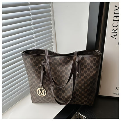 2025 Women's Designer-Inspired Large Tote Bag - Geometric Synthetic Leather Handbag with Detachable Golden Chain Strap & 'M' Monogram Accent, Lightweight Work Purse for Office, School, Shopping - Coffee Brown, Beige, Black -