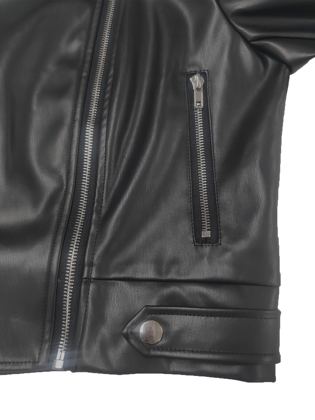 Women'S Stylish Black Faux Leather Motorcycle Jacket - Casual Zip-Up with Lapel Collar, Long Sleeves for Fall & Winter, Motorcycle Jacket