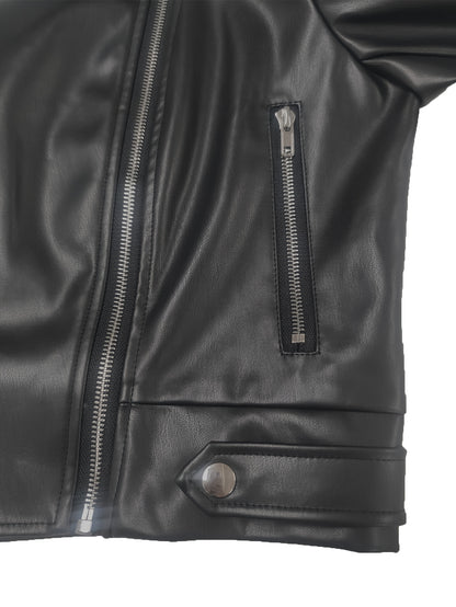 Women'S Stylish Black Faux Leather Motorcycle Jacket - Casual Zip-Up with Lapel Collar, Long Sleeves for Fall & Winter, Motorcycle Jacket