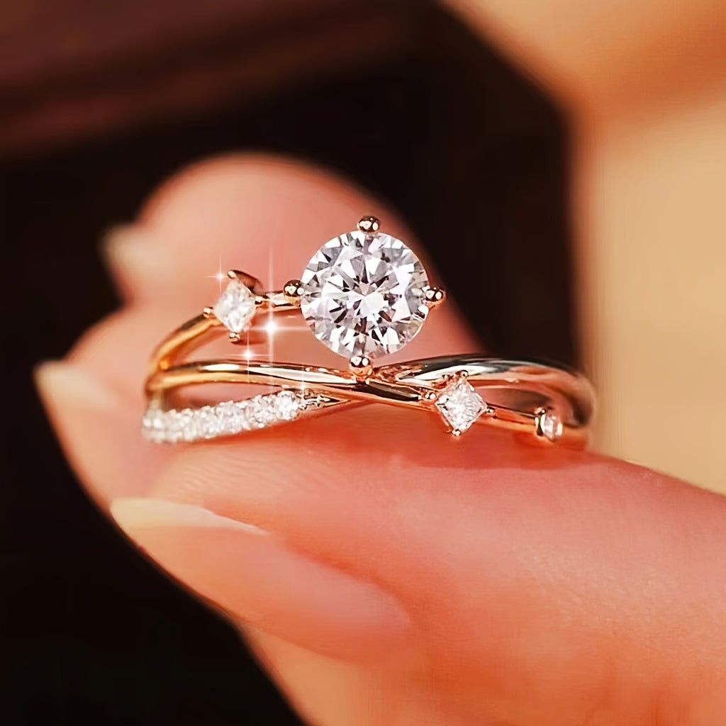 Luxurious Adjustable Starry Sky Ring for Women, Fashionable Engagement Wedding Gift, Geometric Design in Golden, White Golden, Rose Golden - Copper with Synthetic Cubic Zirconia