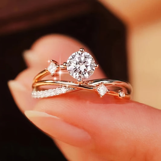 Luxurious Adjustable Starry Sky Ring for Women, Fashionable Engagement Wedding Gift, Geometric Design in Golden, White Golden, Rose Golden - Copper with Synthetic Cubic Zirconia