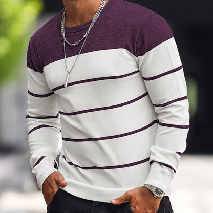 Men's Casual Striped Knit Pullover Sweater - Navy & White Contrast, Regular Fit H-Silhouette, Long Sleeve Crew Neck, Medium Stretch, Machine Washable for Spring & Fall, Mediumstretch Fabric