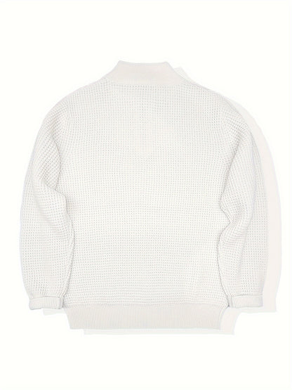 Men'S Casual Knit Pullover Sweater, 100% Polyester, Solid Color, Regular Fit, with Zipper Detail, Lapel Collar, Slight Stretch Fabric