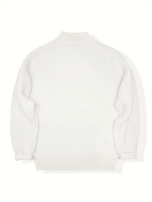 Men'S Casual Knit Pullover Sweater, 100% Polyester, Solid Color, Regular Fit, with Zipper Detail, Lapel Collar, Slight Stretch Fabric