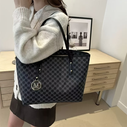 2025 Women's Designer-Inspired Large Tote Bag - Geometric Synthetic Leather Handbag with Detachable Golden Chain Strap & 'M' Monogram Accent, Lightweight Work Purse for Office, School, Shopping - Coffee Brown, Beige, Black -
