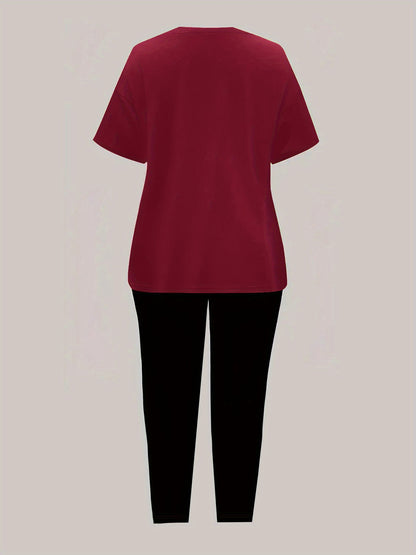 Women'S "Klein" Print Short Sleeve T-Shirt & Black Pants Two-Piece Set - Casual, Stretchy Fabric, Pink & Black Design, Spring/Summer Casual Wear, Casual Attire|Graphic Tee|Stretchy