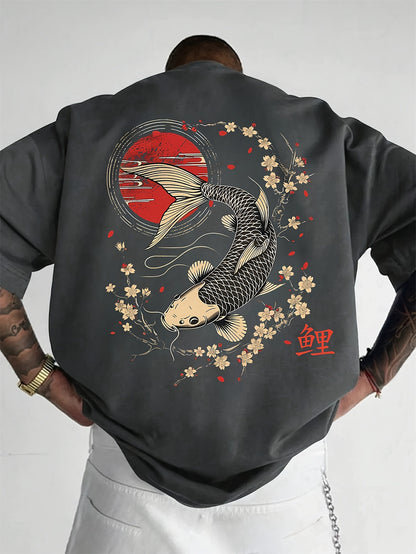 Men's 100% Cotton Retro T-Shirt - Navy Blue Short Sleeve Casual Tee with Koi Fish & Cherry Blossom Print, Regular Fit, Machine Washable, Cotton T Shirts, Summer Apparel, Breathable Fabric