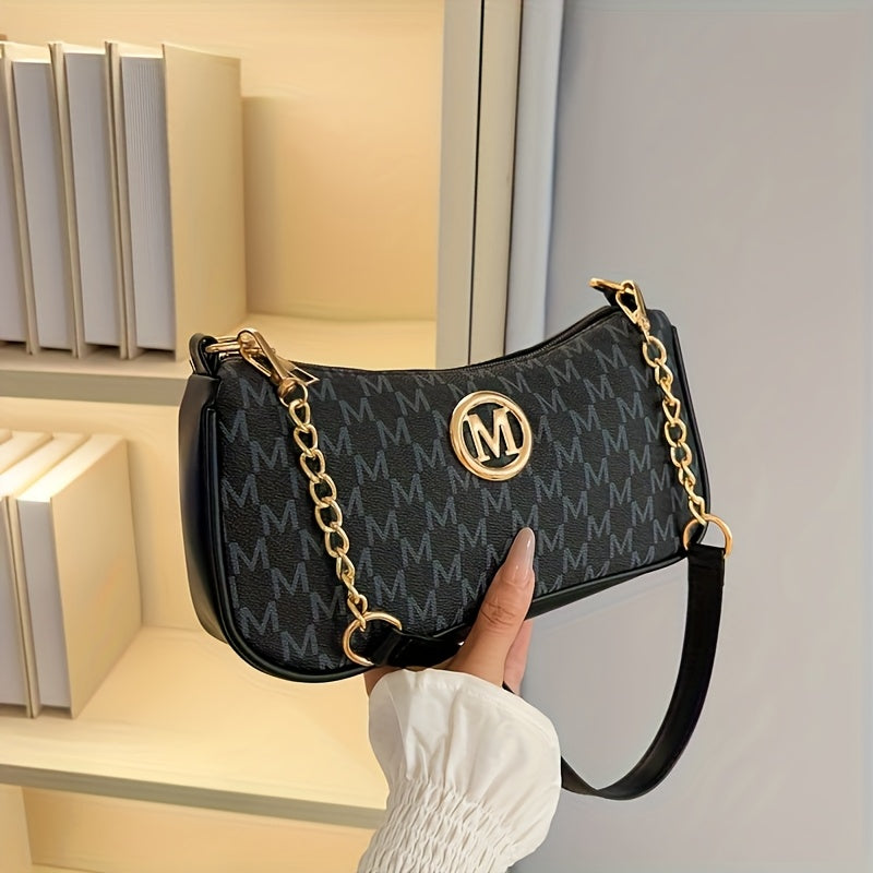 French Vintage Underarm Bag for Women, New Letter Print Crossbody Small Square Bag with Chain Shoulder Handbag, Perfect Lily Women'S Adjustable Crossbody Strap M Logo - Zipper Closure Shoulder Backpack, Suitable for Daily Com