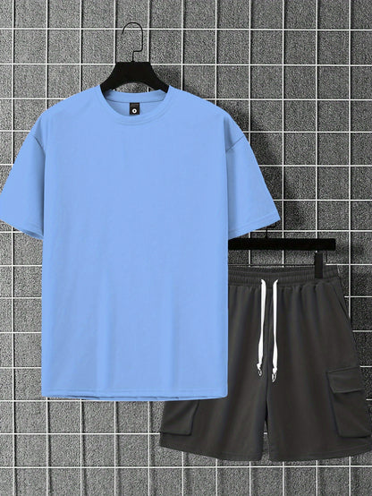 New Loose-Fitting Breathable Men'S Round Neck Short-Sleeved T-Shirt And Workwear Style Multi-Pocket Shorts Set Summer Leisure Sports Two-Piece Suit, Fashionable Sports Casual Versatile Tops And Pants for Men And Women
