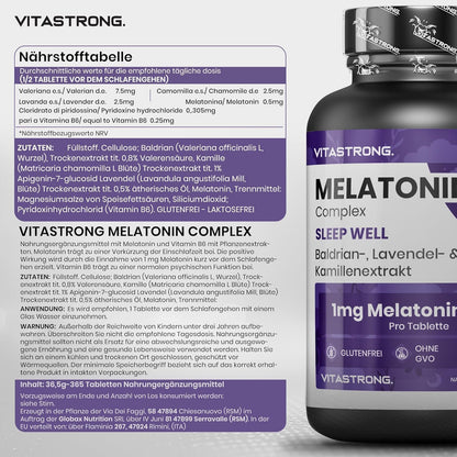 Vitastrong Melatonin Complex 365 Micro-Tablets, Melatonin 1Mg with Chamomile, Valerian, Lavender And Vitamin B6, Melatonin for Sleeping, Sleep, Jet Lag, Pure Melatonin with Long-Term Release Without Sugar