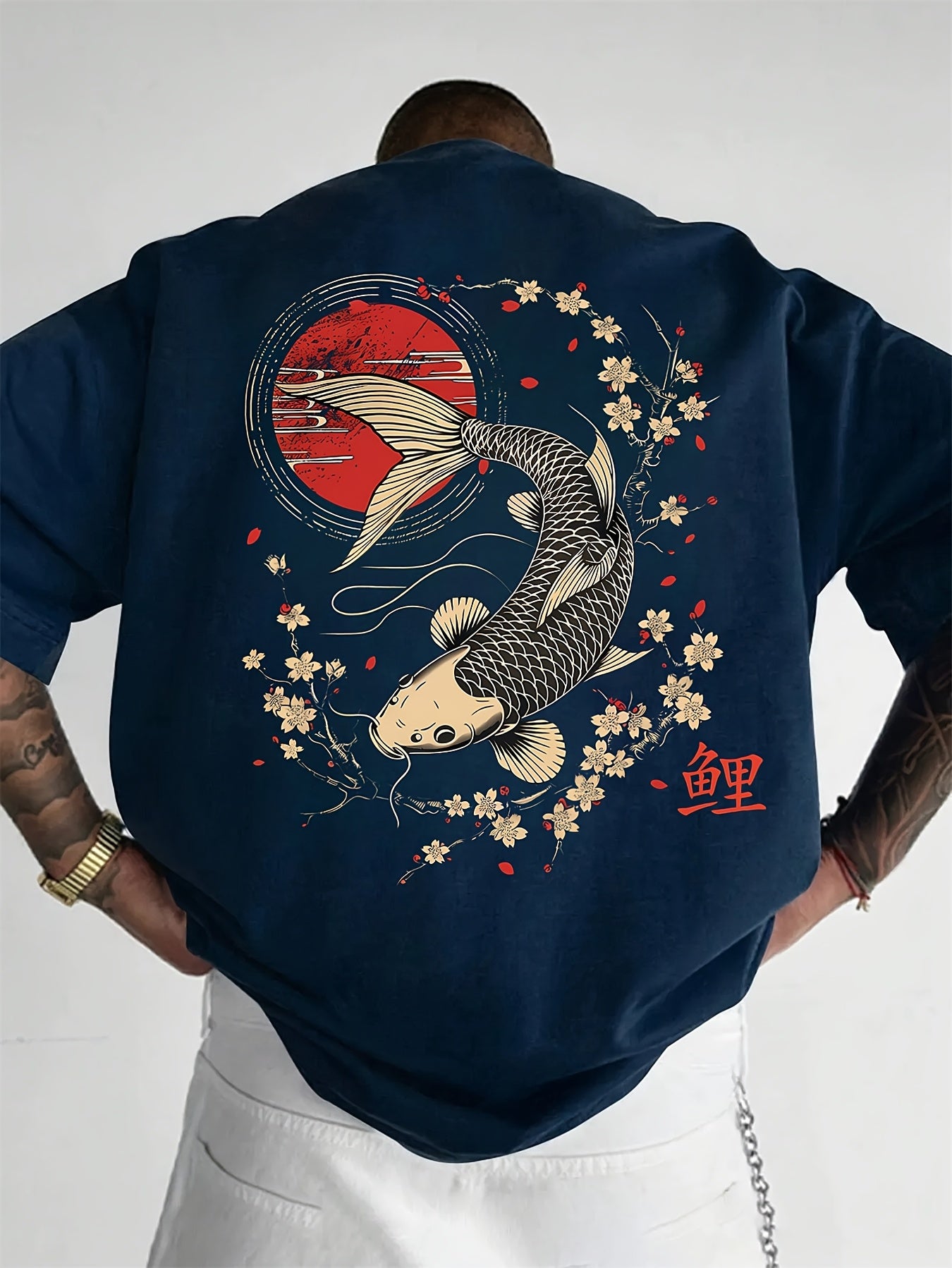 Men's 100% Cotton Retro T-Shirt - Navy Blue Short Sleeve Casual Tee with Koi Fish & Cherry Blossom Print, Regular Fit, Machine Washable, Cotton T Shirts, Summer Apparel, Breathable Fabric