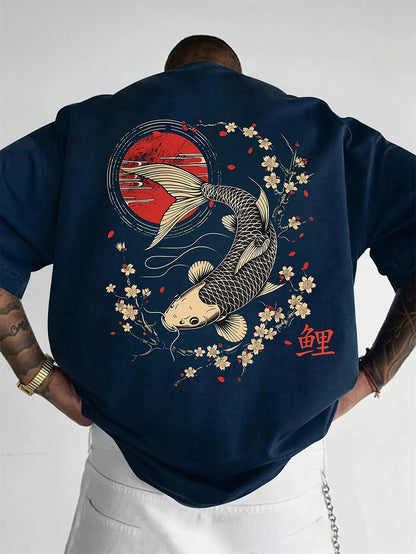 Men's 100% Cotton Retro T-Shirt - Navy Blue Short Sleeve Casual Tee with Koi Fish & Cherry Blossom Print, Regular Fit, Machine Washable, Cotton T Shirts, Summer Apparel, Breathable Fabric