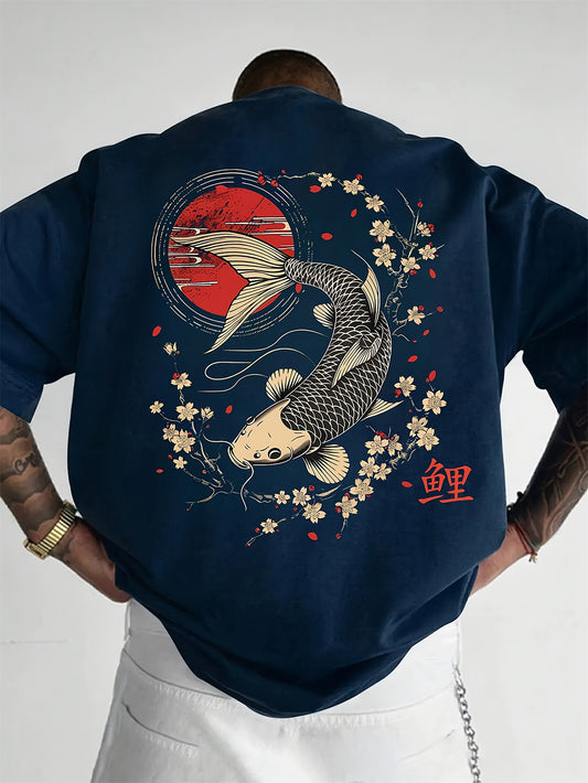 Men's 100% Cotton Retro T-Shirt - Navy Blue Short Sleeve Casual Tee with Koi Fish & Cherry Blossom Print, Regular Fit, Machine Washable, Cotton T Shirts, Summer Apparel, Breathable Fabric