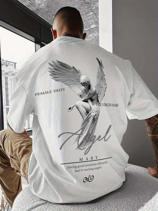 Men'S Casual Street Style Angel Graphic T-Shirt - "Female Devity" Print, Loose Fit, Polyester Blend, Summer Essential, Textured Look, Black with White Design, Short Sleeve, Round Neck, Perfect for Casual Attire, Everyday Tshi