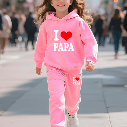 2pcs Back-to-School Season Fashionable Autumn/Winter Casual Sporty Style Girls' "I Love Dad" Cartoon Print Long Sleeve Fleece-Lined Hoodie + Sweatpants Set, Perfect for Outdoor