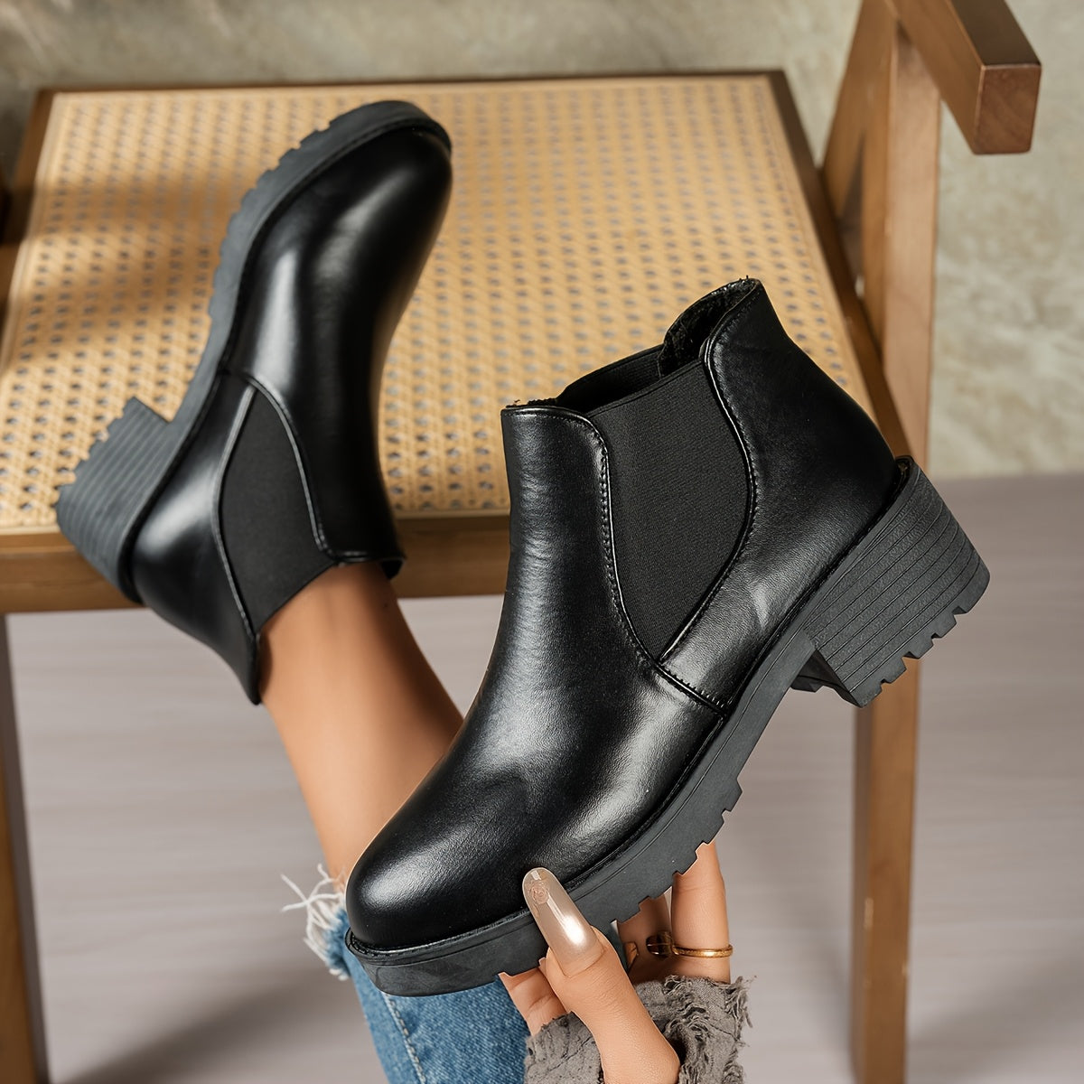 MagiMoBo Women'S Slip-On Chunky Mid-Heel Ankle Boots - Faux Cover Round Toe Platform Boots with Thick Rubber Sole, All-Season Casual Versatile Boots for Casual Attire, Comfortable Walking Boots, Durable Fabric Insole