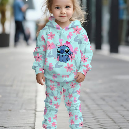 2- Piece Girls' Set with Disney Stitch Floral Cute- themed Digital Print Design, Long- sleeve Hoodie and Sweatpants Set, a Clothing Gift for Children. of Comfortable Fabric, Suitable for Autumn and Winter, Casual Sportswear S