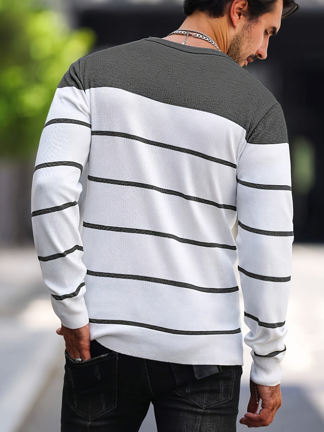 Men's Casual Striped Knit Pullover Sweater - Navy & White Contrast, Regular Fit H-Silhouette, Long Sleeve Crew Neck, Medium Stretch, Machine Washable for Spring & Fall, Mediumstretch Fabric