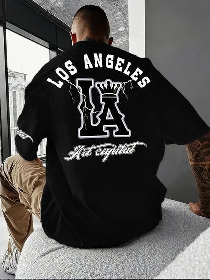 Men's Casual LA Graphic T-Shirt - Breathable Stretch Fabric, Oversized Fit with Crown & Script Lettering, Beige Summer Tee for Outdoor Activities & Casual Attire, Machine Washable, Leisure Clothing, Citythemed Apparel
