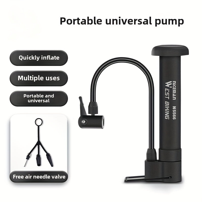 1pc Portable Bike Pump - Multifunctional Ball & Bike Air Pump for Basketball, Football, and Balloons, Manual Operation, Black ABS with Colorful Nozzles, Sports Equipment Pump, Functional Design, Durable Construction